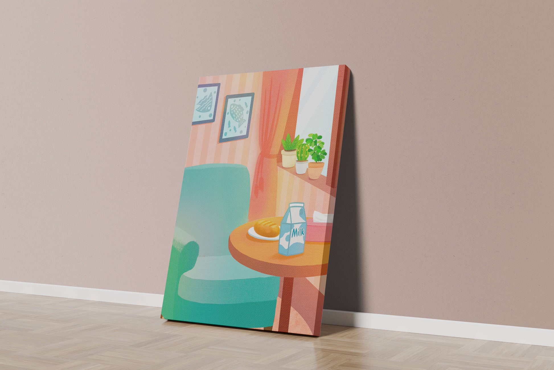 Sala de estar acogedora con mesa y cartón de leche