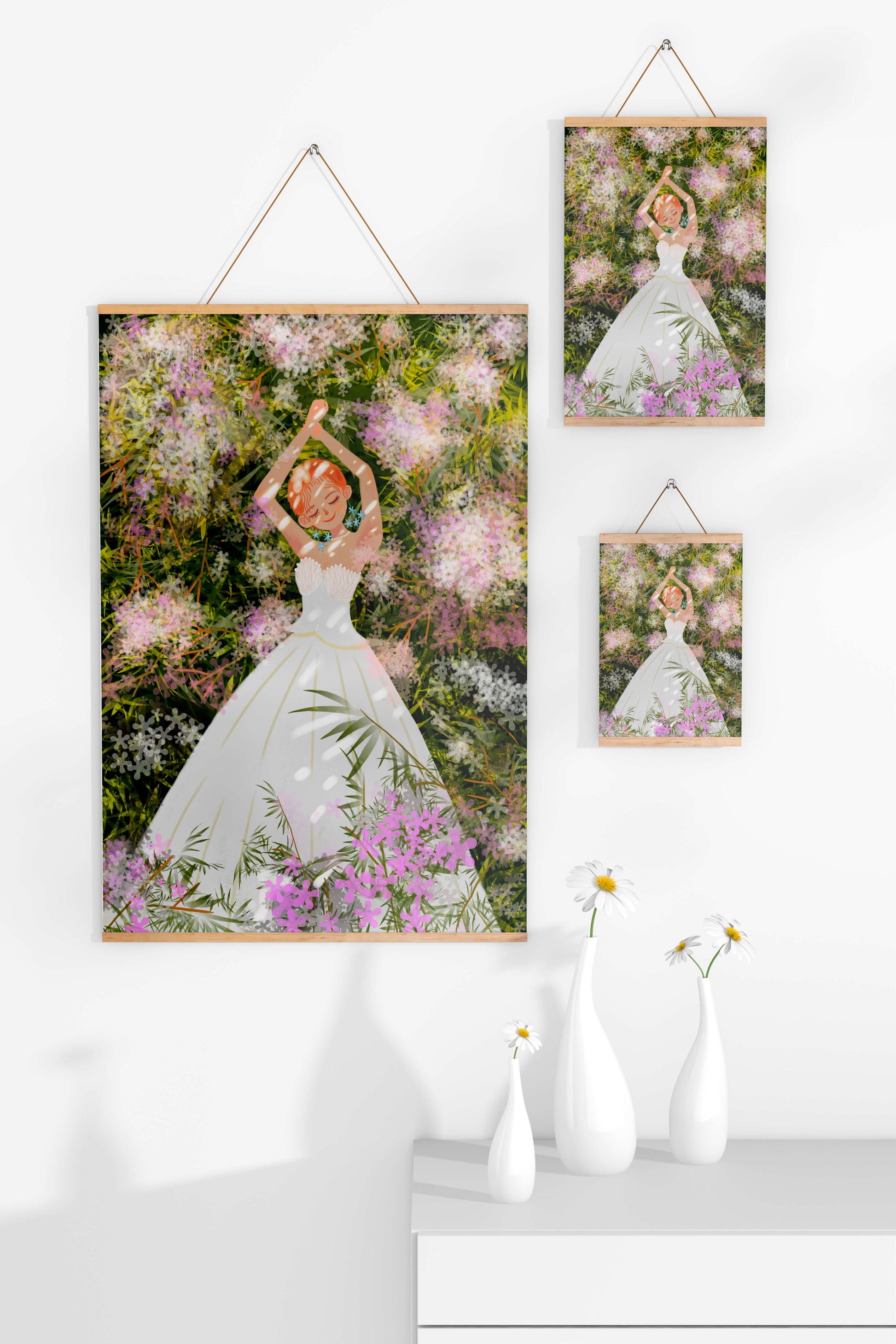 Woman in white dress lying among flowers in a garden
