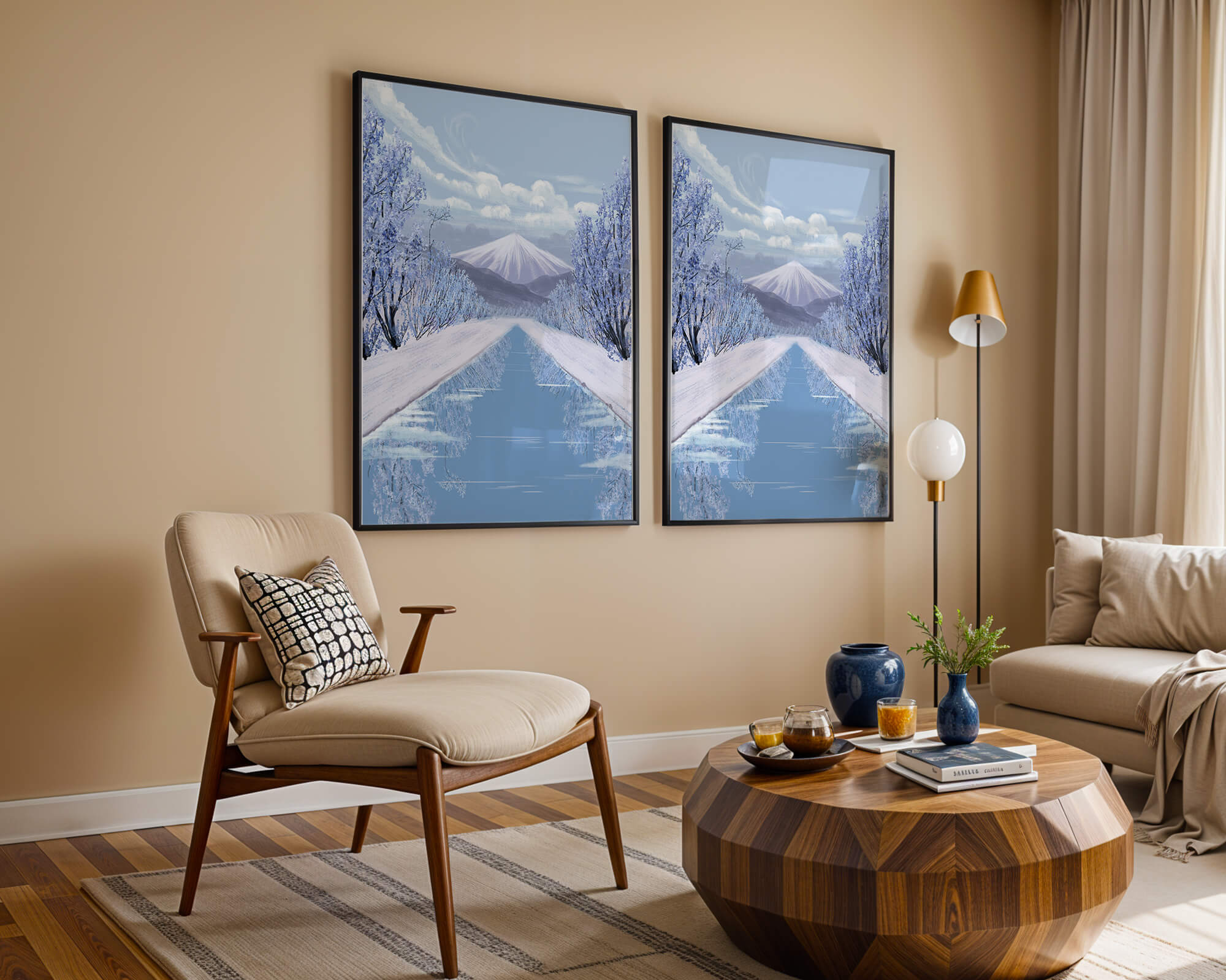 Serene winter landscape with mountain and snowy trees reflecting in water