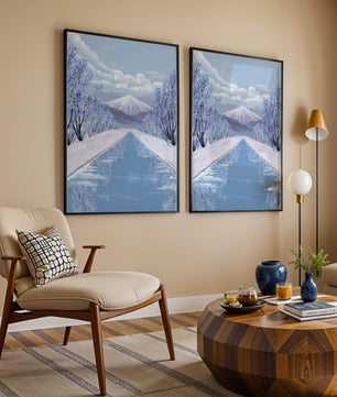 Serene winter landscape with mountain and snowy trees reflecting in water