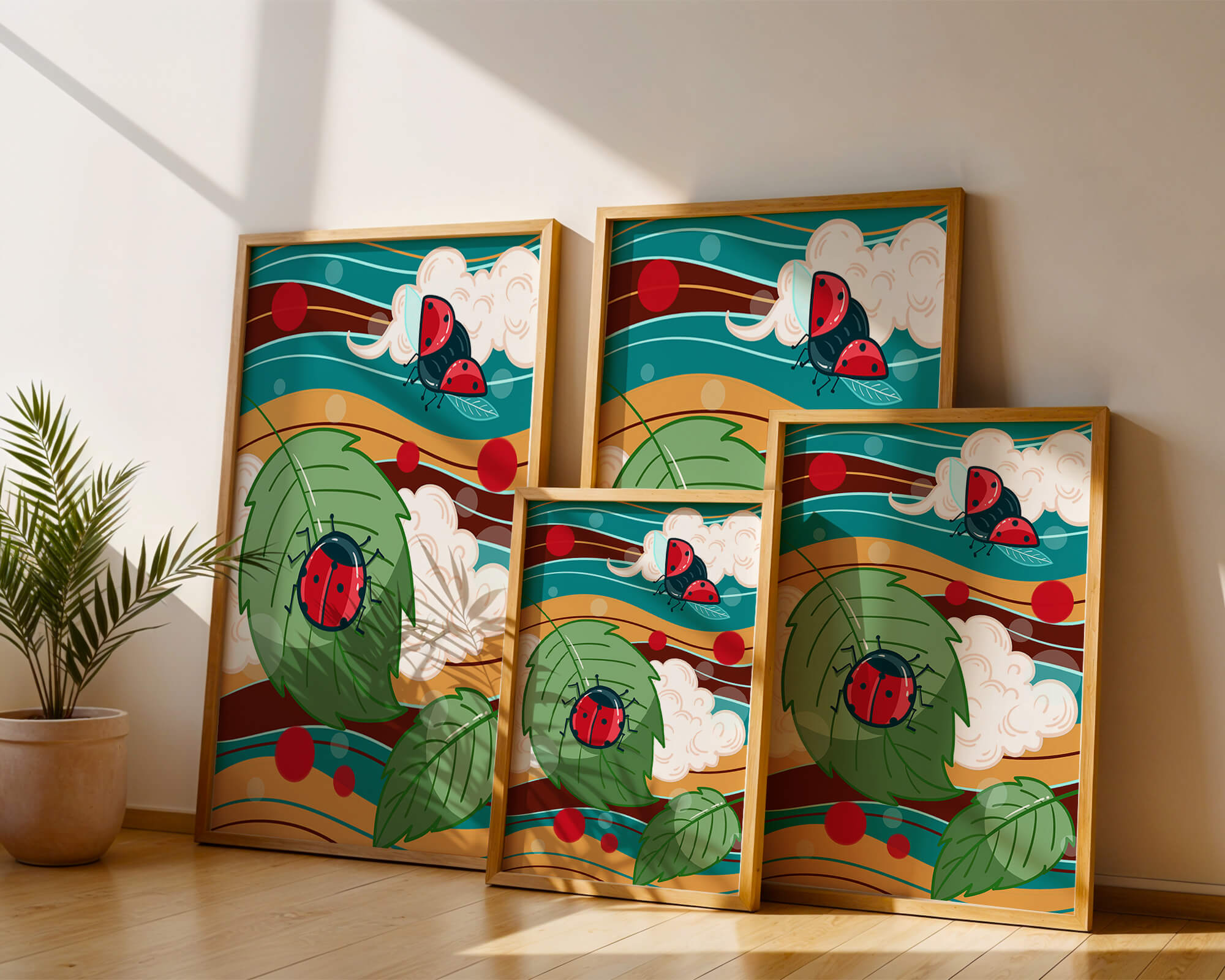 Colorful illustration of ladybugs in a whimsical natural setting