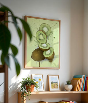 Watercolor illustration of sliced kiwi fruit with splashes