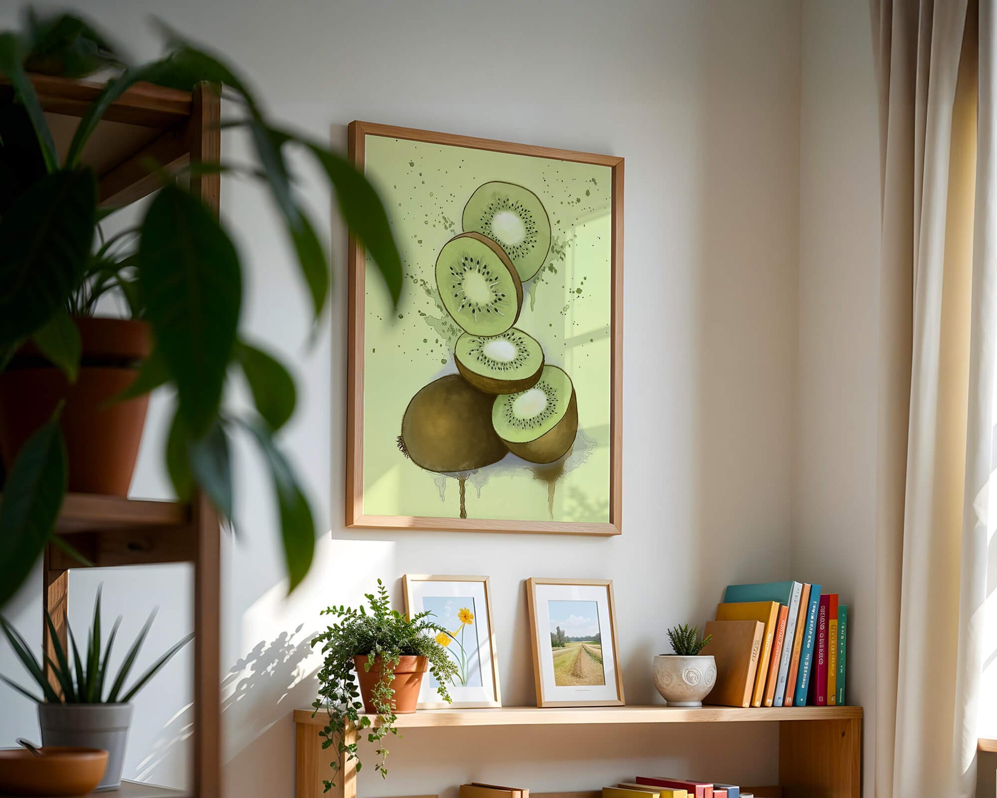 Watercolor illustration of sliced kiwi fruit with splashes