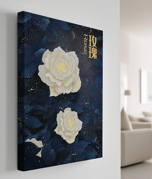 Elegant white roses on a celestial night background with deep blue leaves
