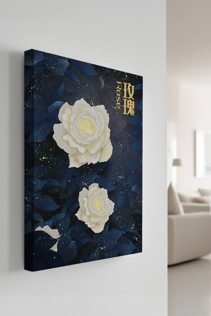 Elegant white roses on a celestial night background with deep blue leaves