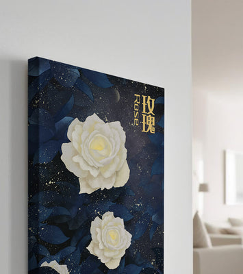 Elegant white roses on a celestial night background with deep blue leaves