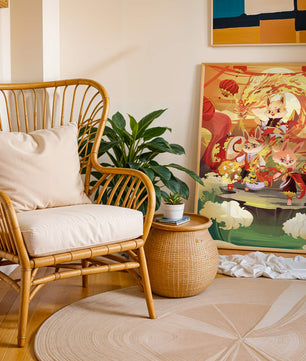 Fantastical scene with anthropomorphic animals and a dragon in a vibrant setting