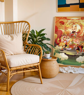 Fantastical scene with anthropomorphic animals and a dragon in a vibrant setting