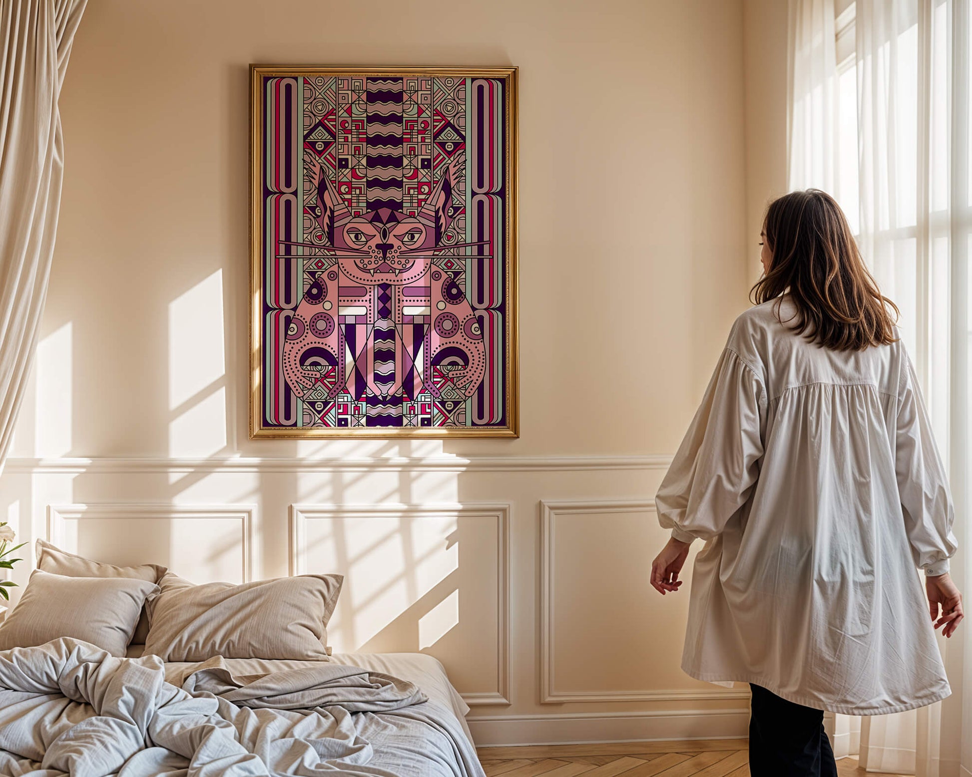 Art de chat géométrique coloré avec motifs abstraits en tons pastel