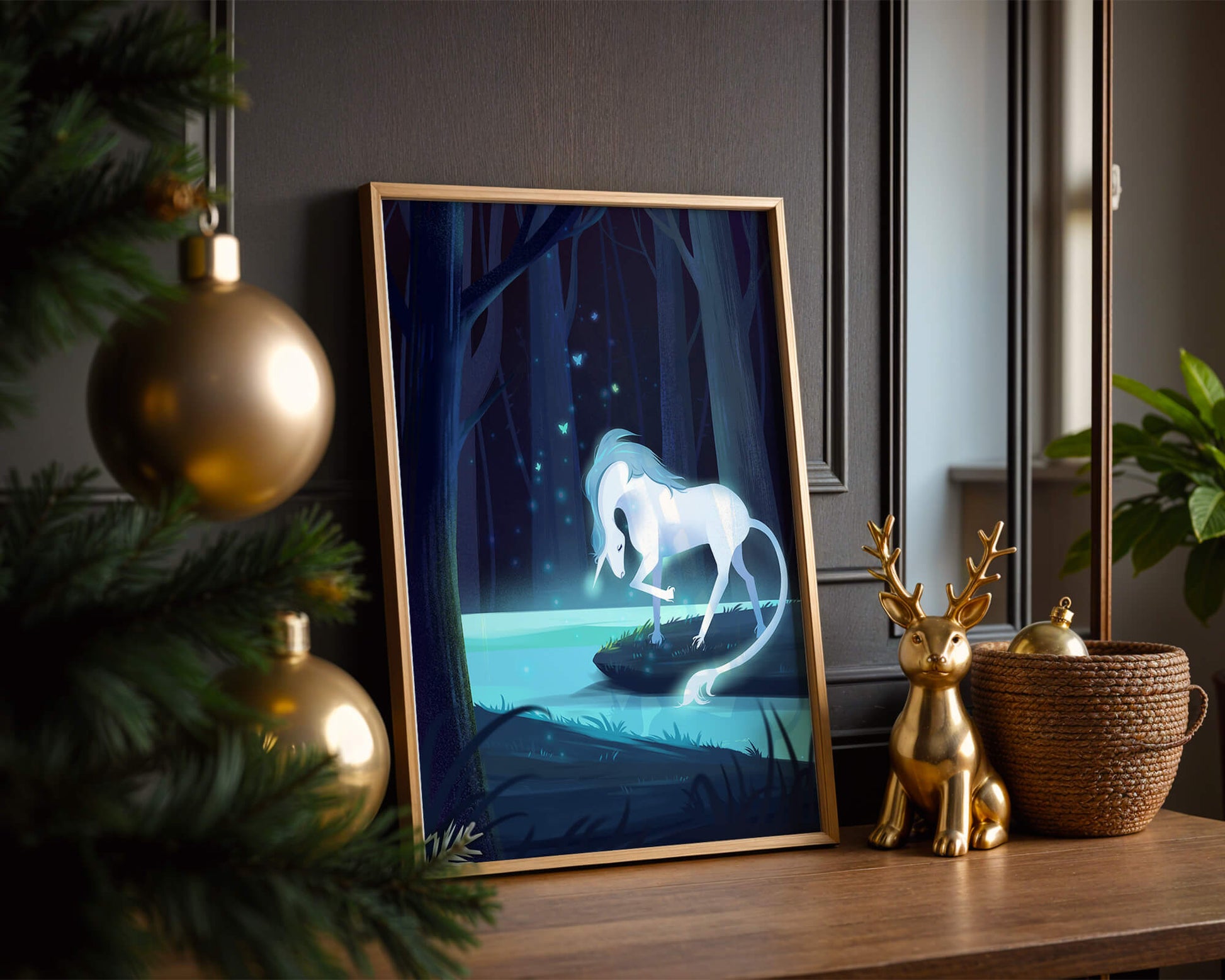 Enchanting night scene with a unicorn by a forest stream