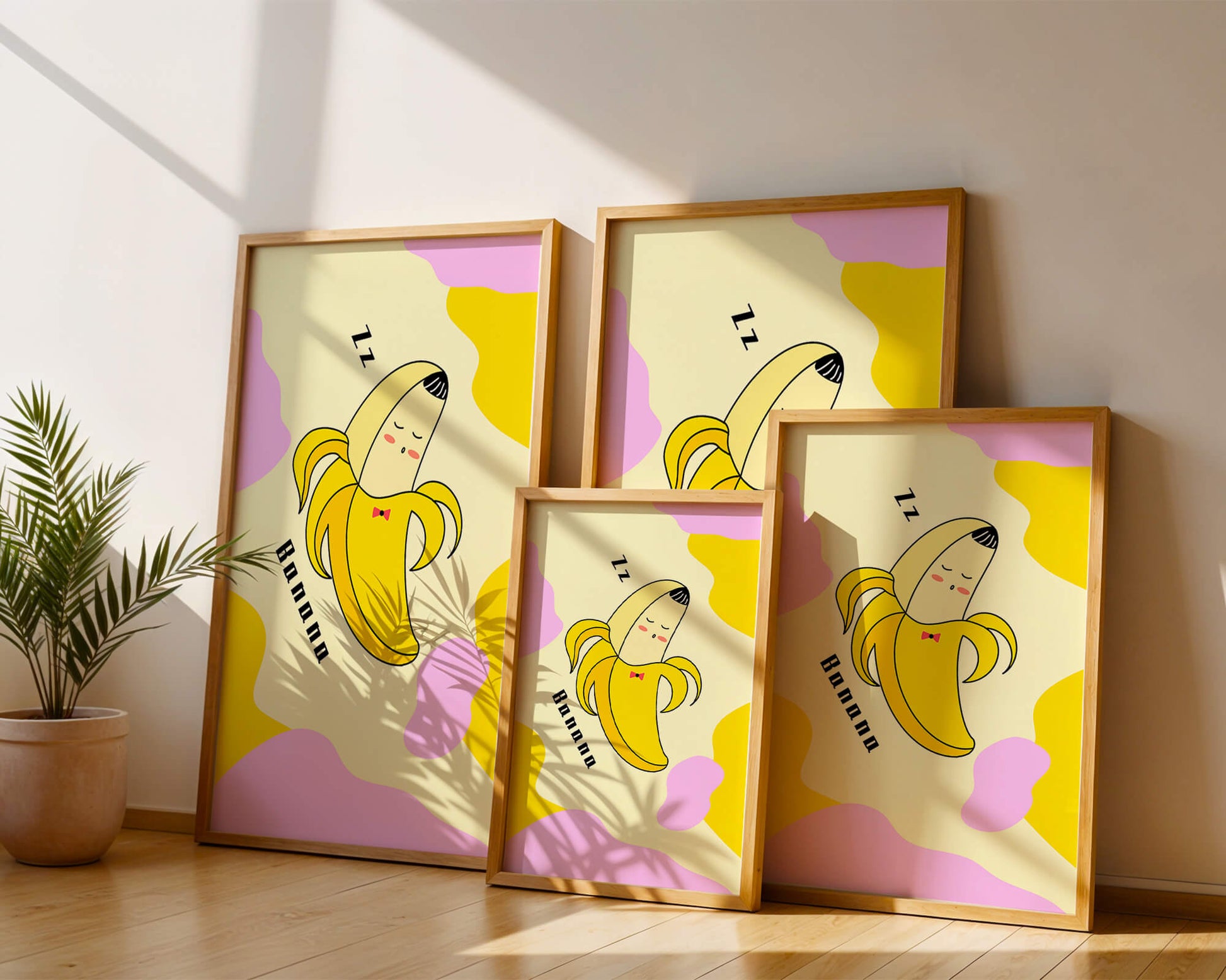 Playful illustration of a sleeping banana with colorful abstract background