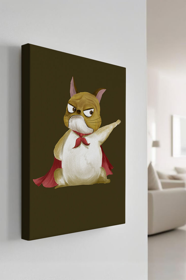 Cartoon superhero dog with red cape illustrating playful strength