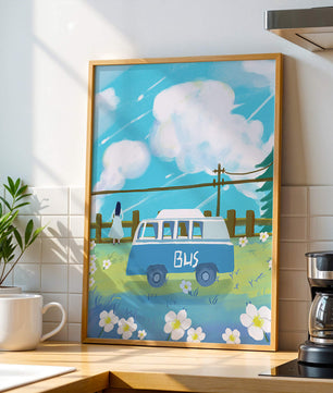 Ilustración escénica con autobús azul y prado en flor