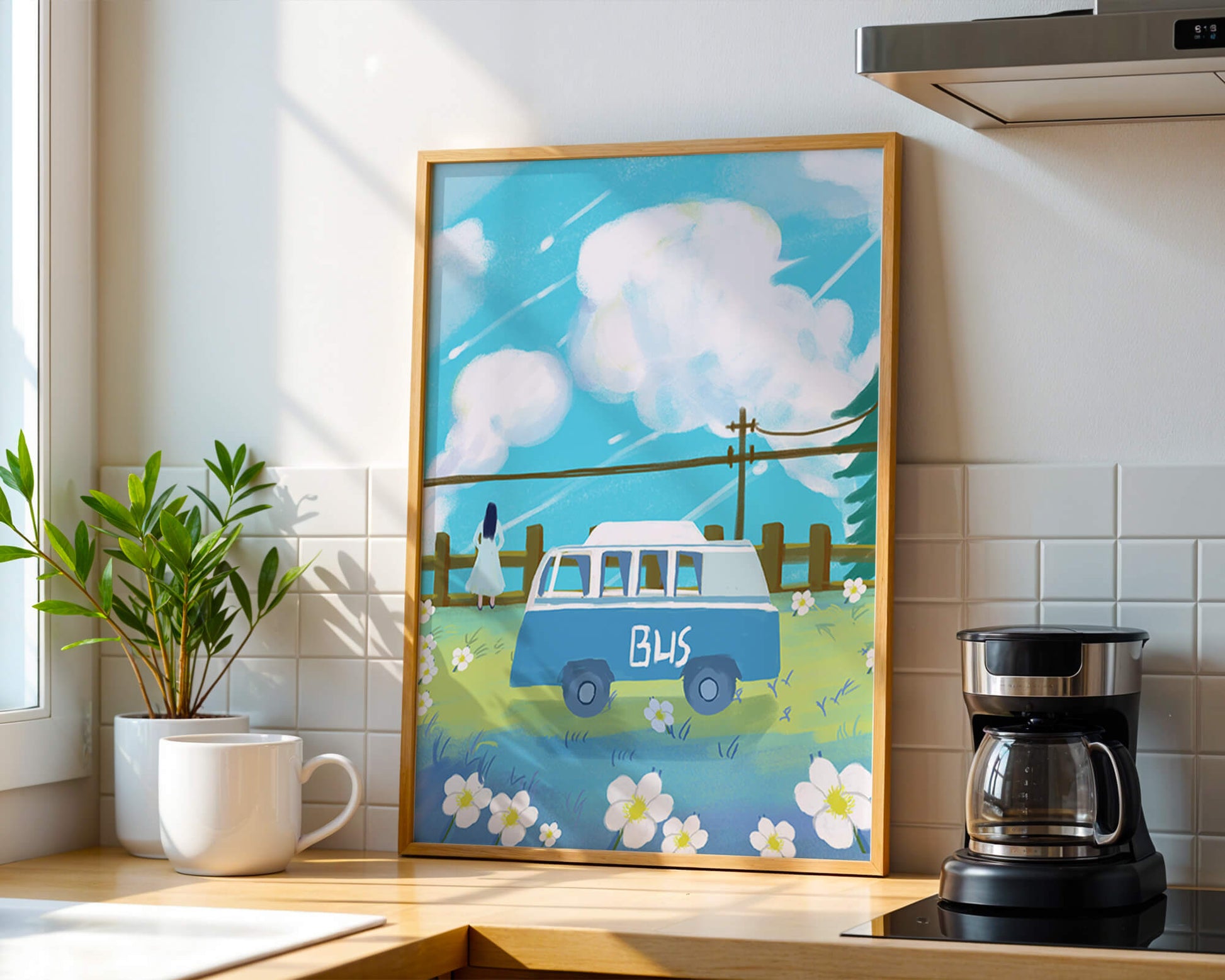 Ilustración escénica con autobús azul y prado en flor