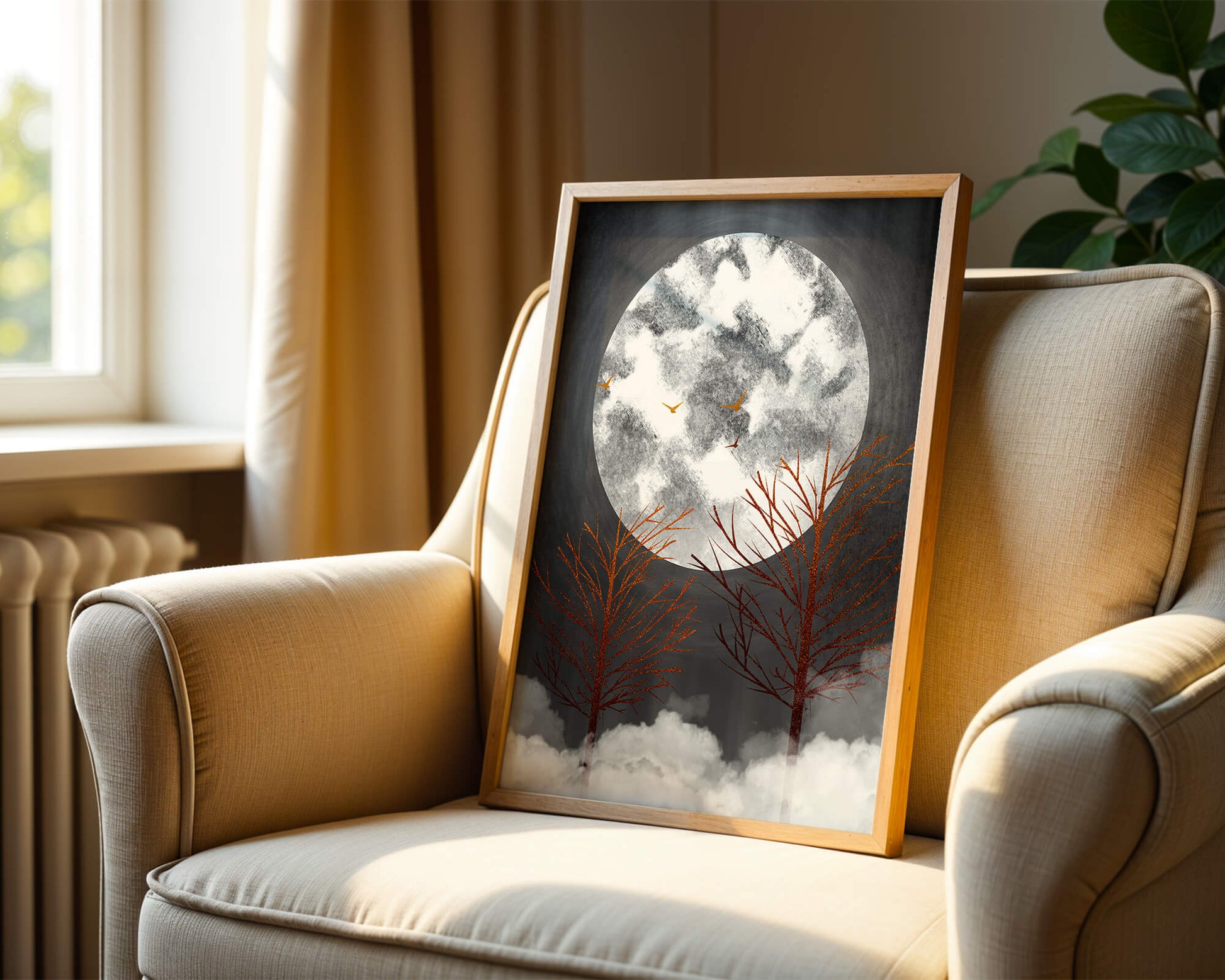 Surreal Night Scene with Trees and Golden Birds in Moonlight