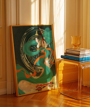 Elegant depiction of traditional musical culture with vibrant flowing ribbons and intricate patterns