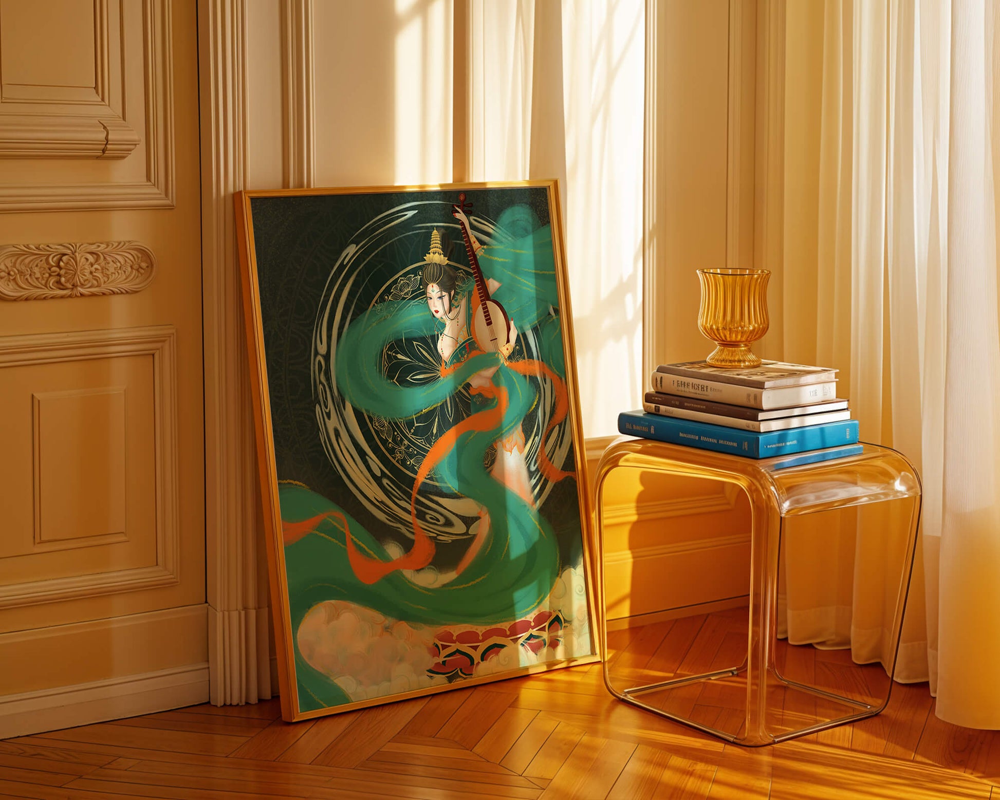 Elegant depiction of traditional musical culture with vibrant flowing ribbons and intricate patterns