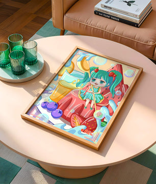 Scène de dessert fantaisiste avec un personnage mignon et des couleurs vives