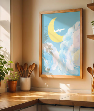 Ilustración de cielo panorámico con avión y luna creciente