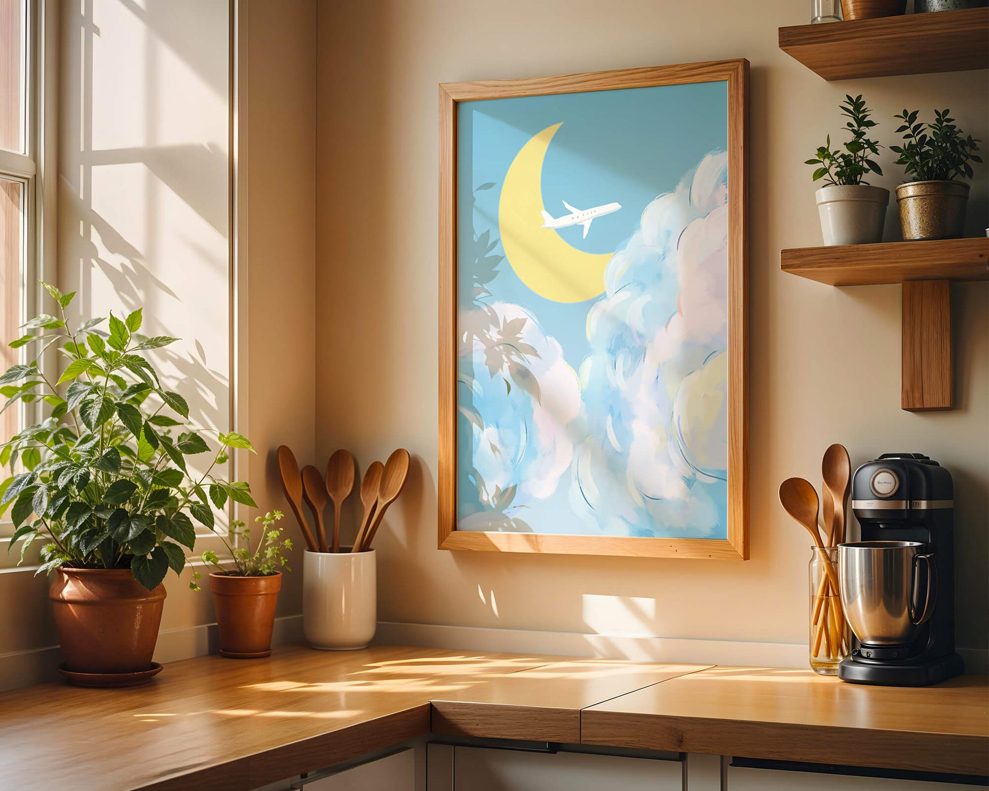 Scenic sky illustration with airplane and crescent moon