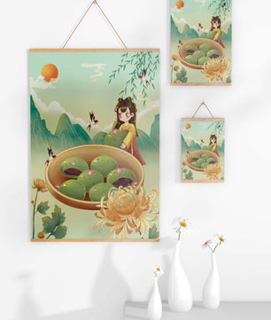 Charming Scene with Traditional Dress and Scenic Landscape Featuring Floral Elements and Birds