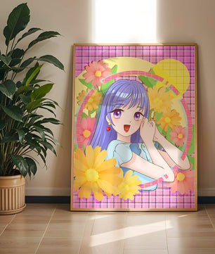 Anime-Mädchen mit leuchtenden Blumen und lila Haaren auf buntem Hintergrund