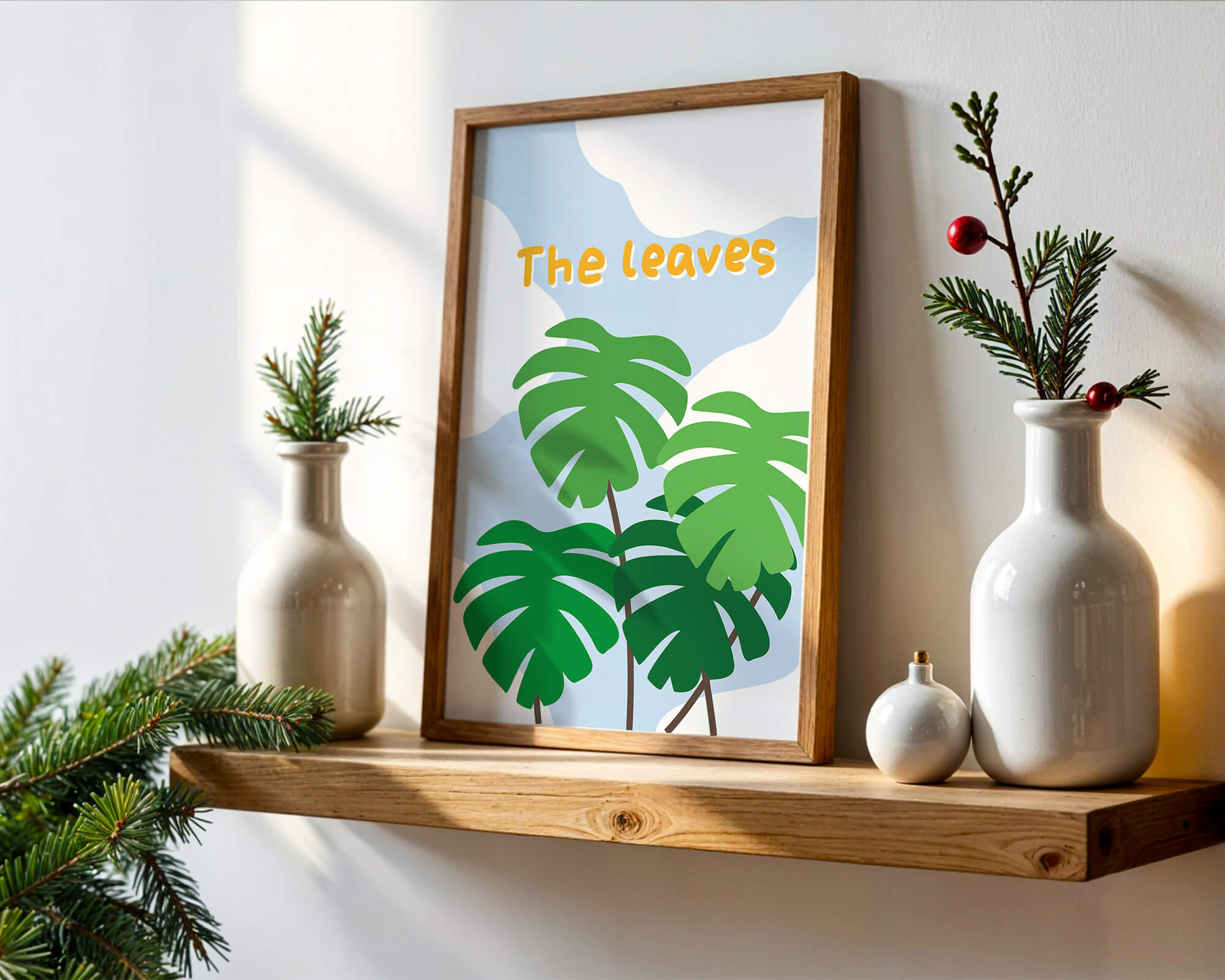 Illustrative tropical leaves with blue sky background for home decor
