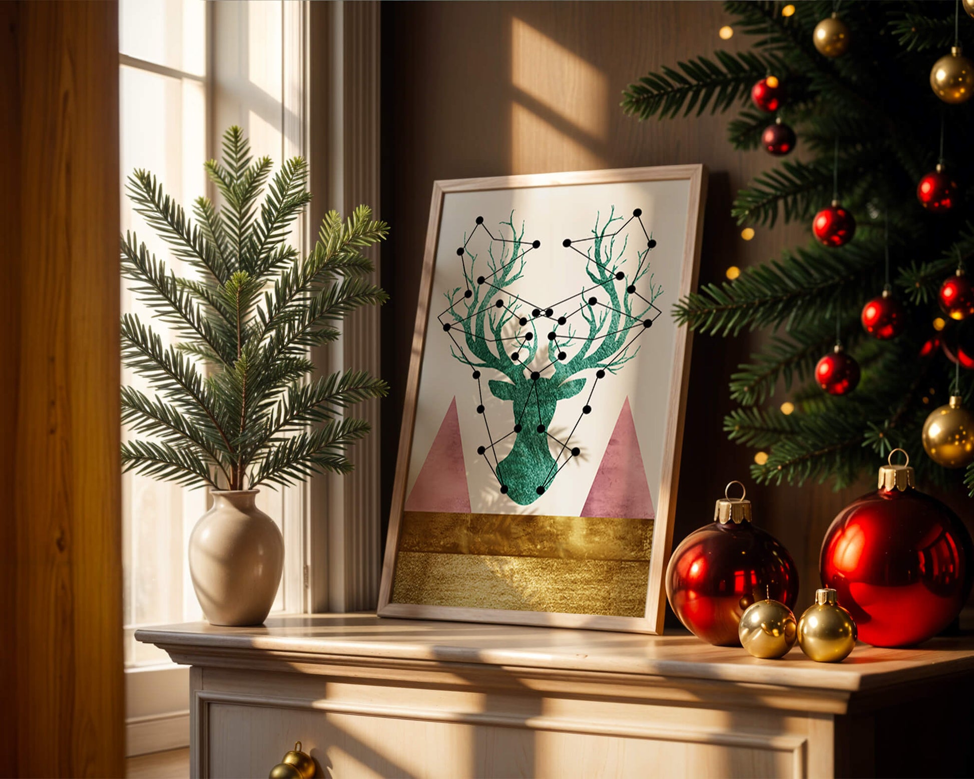 Geometric Deer with Abstract Elements and Gold Accents
