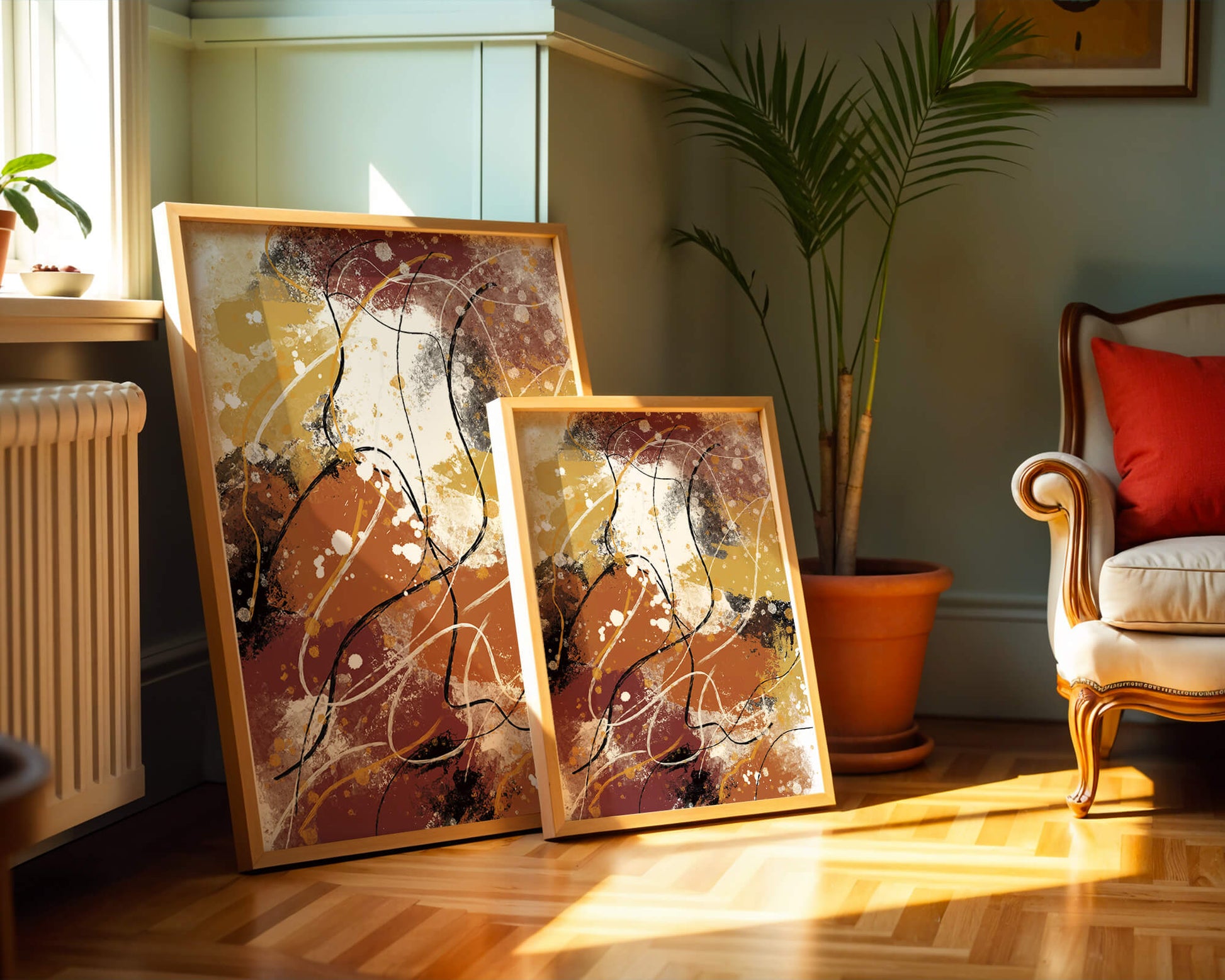 Pieza de arte abstracto colorida con trazos y salpicaduras audaces