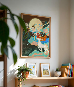 Ilustración serena de una mujer mística con ciervos en un paisaje iluminado por la luna