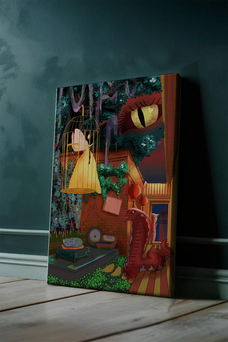 Enchanted garden with fairy, snake, and mysterious elements