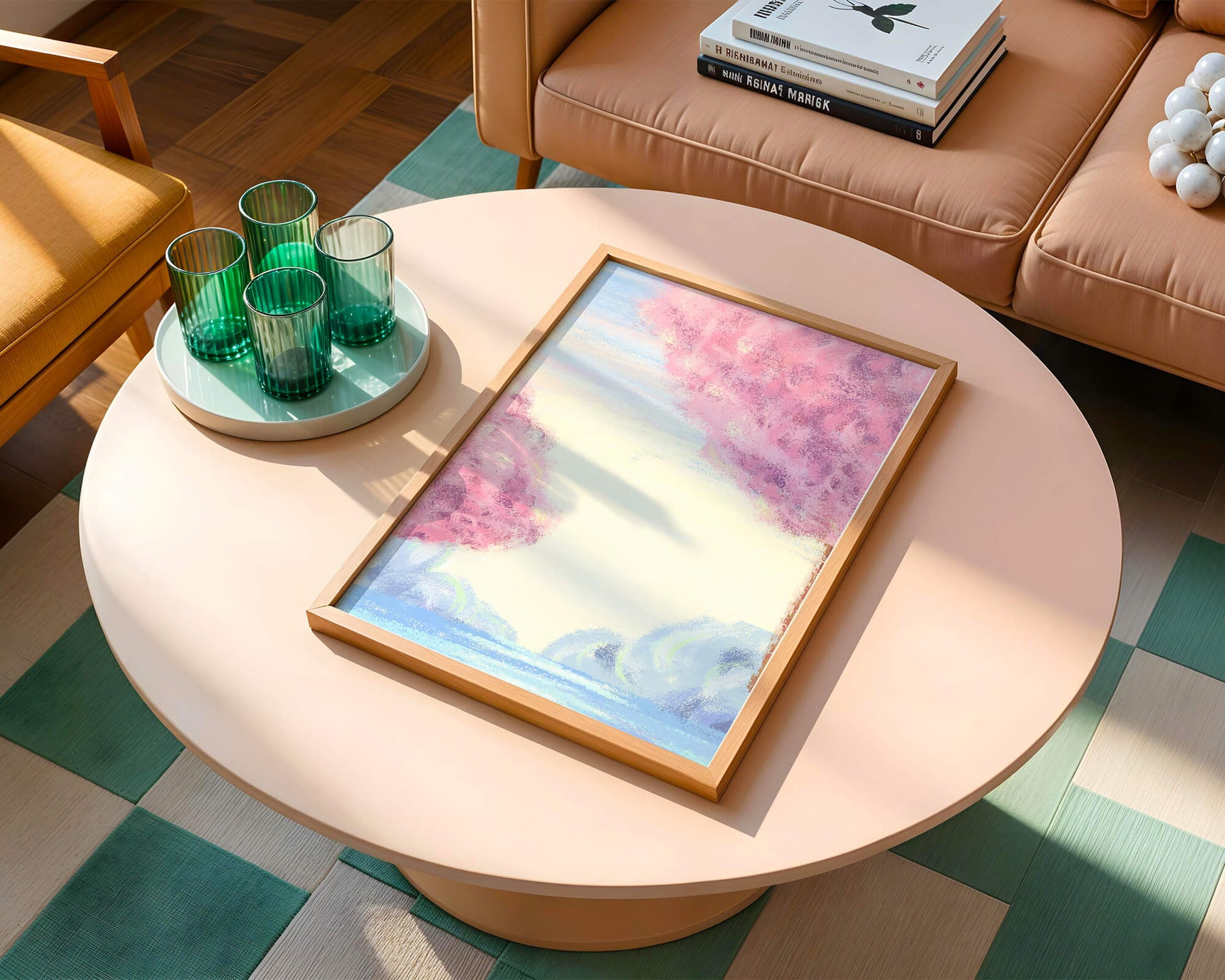 Serene Landscape with Cherry Blossom Trees and Tranquil Sky