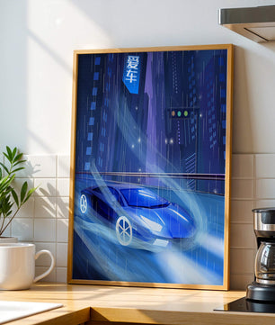 Futuristisches blaues Auto rast durch neonbeleuchtete, verregnete Stadtlandschaft