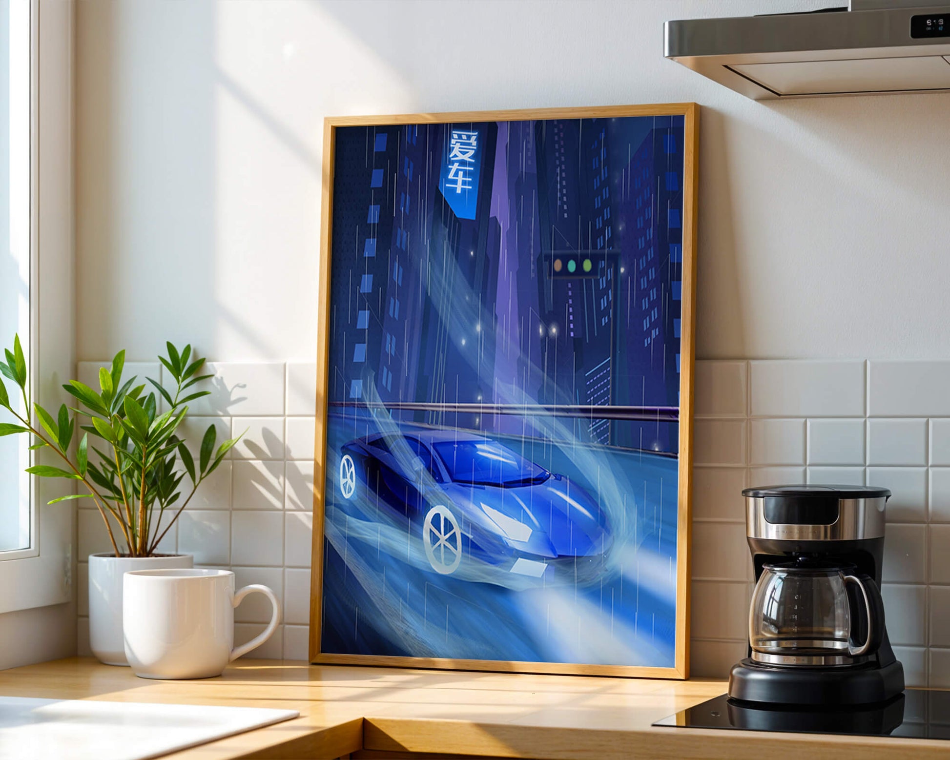 Futuristic blue car speeding through neon-lit rainy cityscape