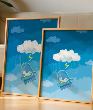 Gato soñador en un sillón flotante en un cielo nublado surrealista