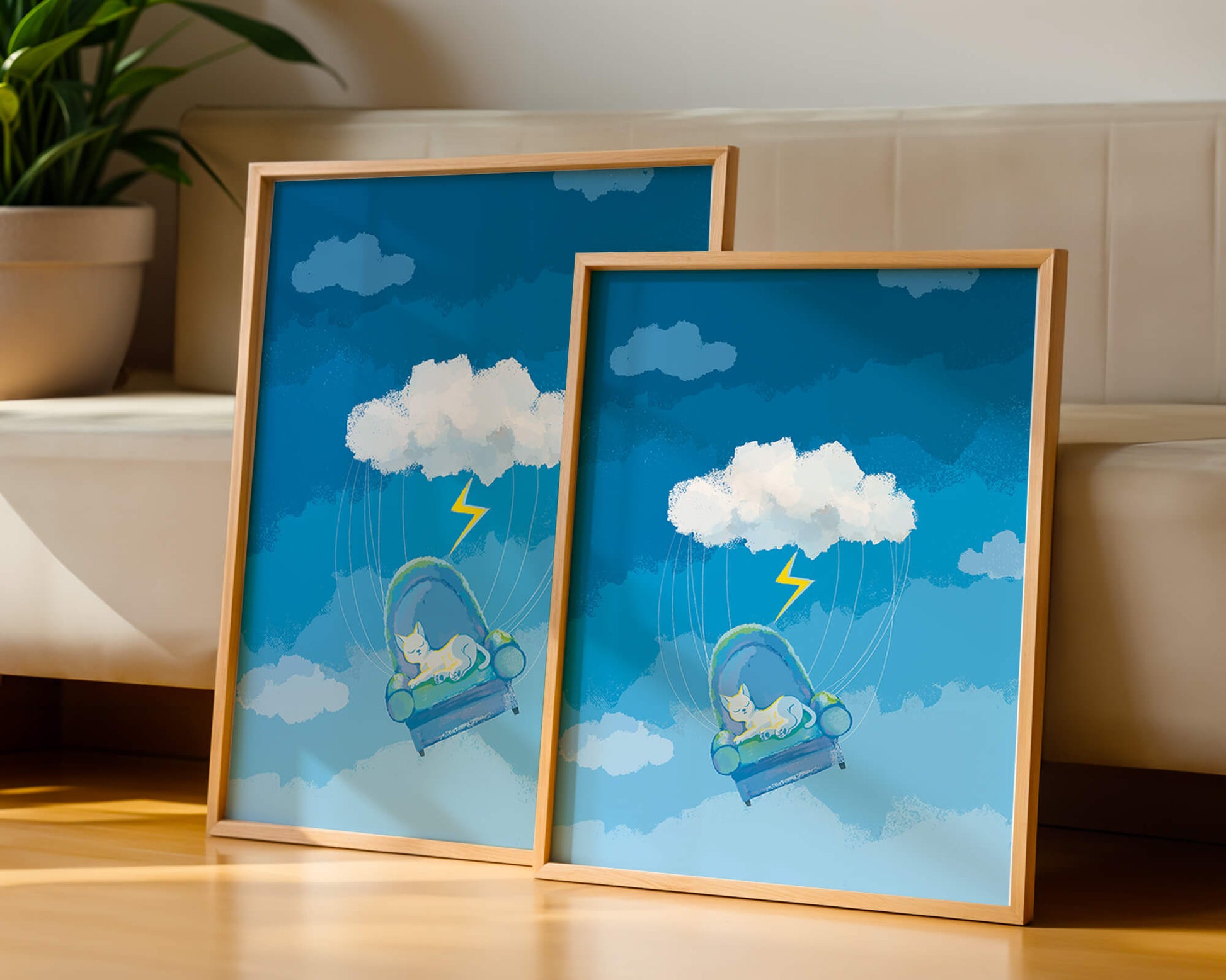 Dreamy Cat on a Floating Armchair in a Surreal Cloudy Sky