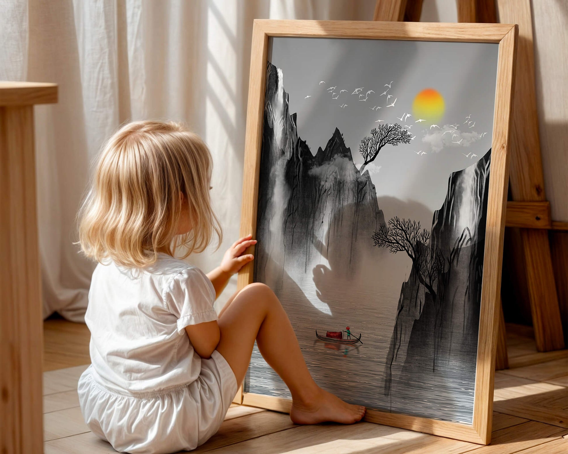 Serene landscape with mountains, river, and a boat under the sun