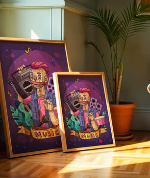 Illustration colorée sur le thème de la musique avec un personnage et des instruments