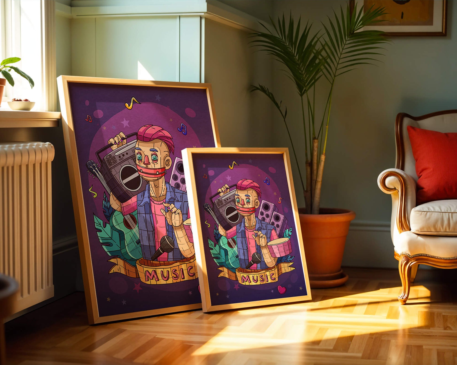 Illustration colorée sur le thème de la musique avec un personnage et des instruments