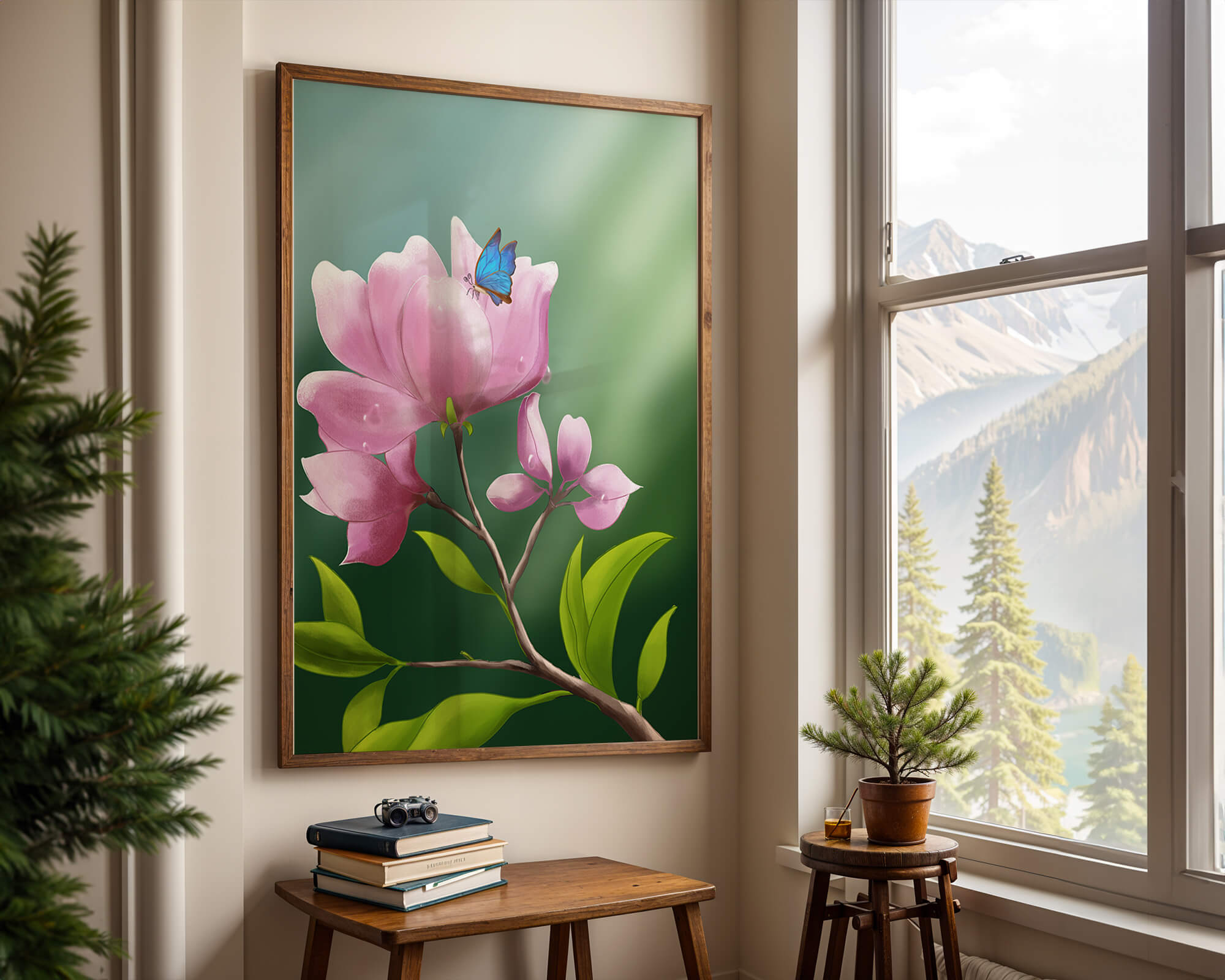 Delicate pink flower with a vibrant blue butterfly in a serene garden setting