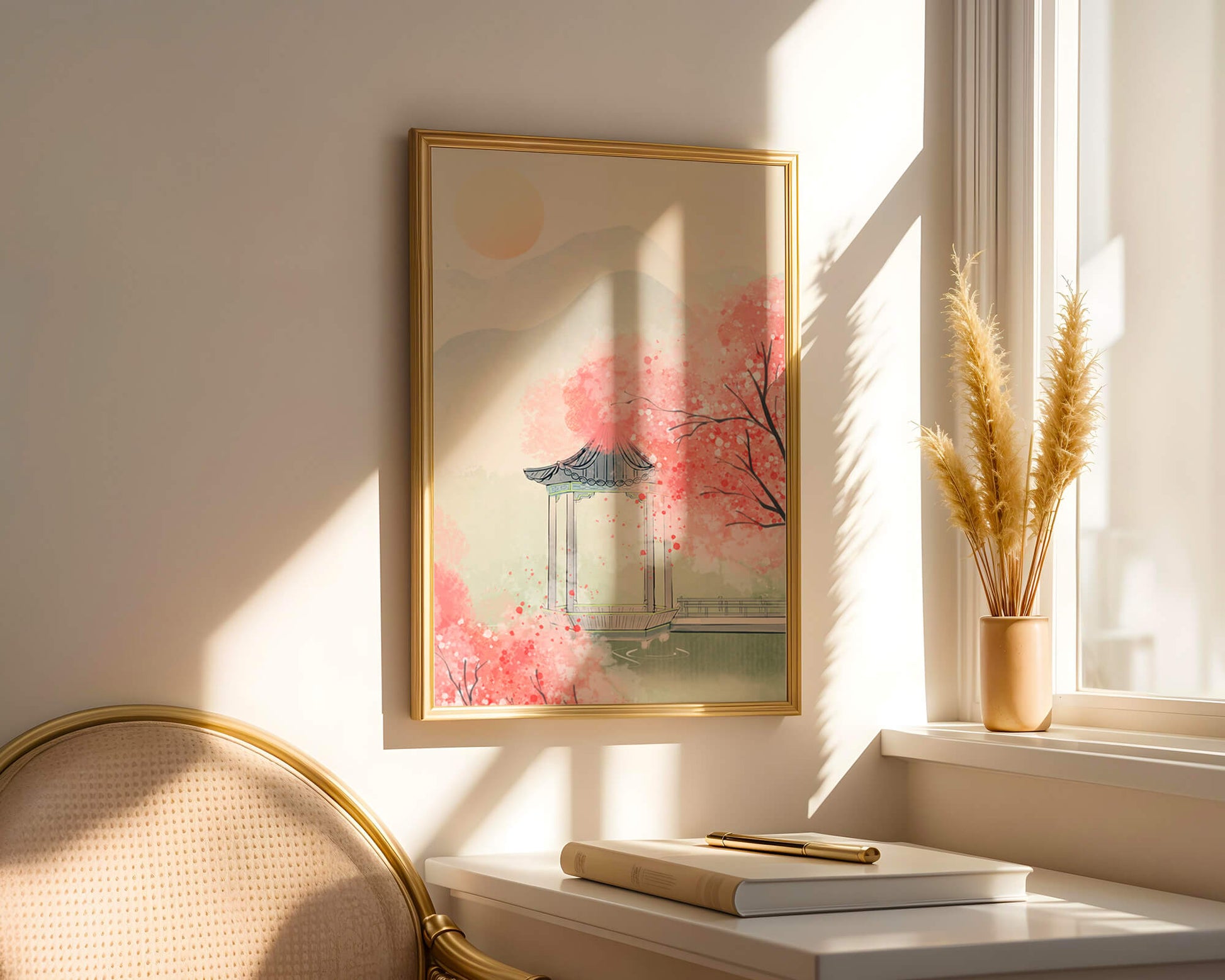 Serene landscape with cherry blossoms and traditional gazebo