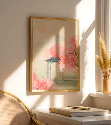 Serene landscape with cherry blossoms and traditional gazebo