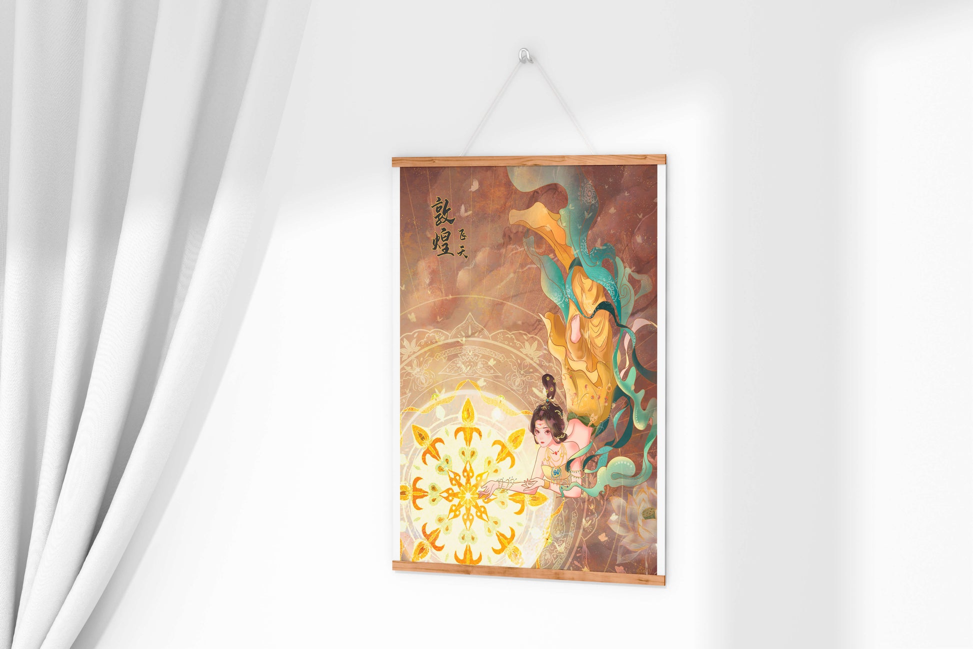 Figura celestial elegante con aura dorada y motivos florales