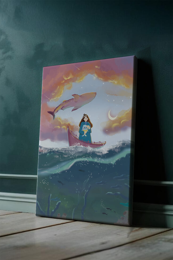 Whimsical illustration of a girl on a boat with a flying whale
