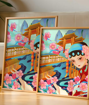 Traditional Asian art with cherry blossoms and architecture
