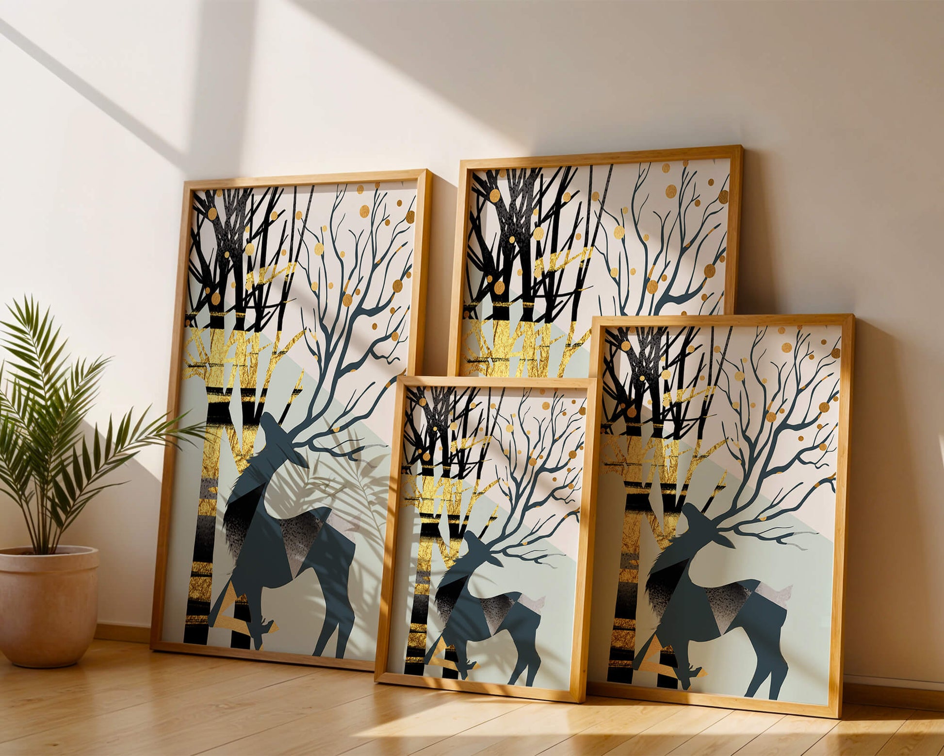 Abstract Deer Silhouette with Golden Accents and Trees