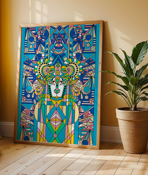 Diseño geométrico colorido de carnero con patrones simétricos