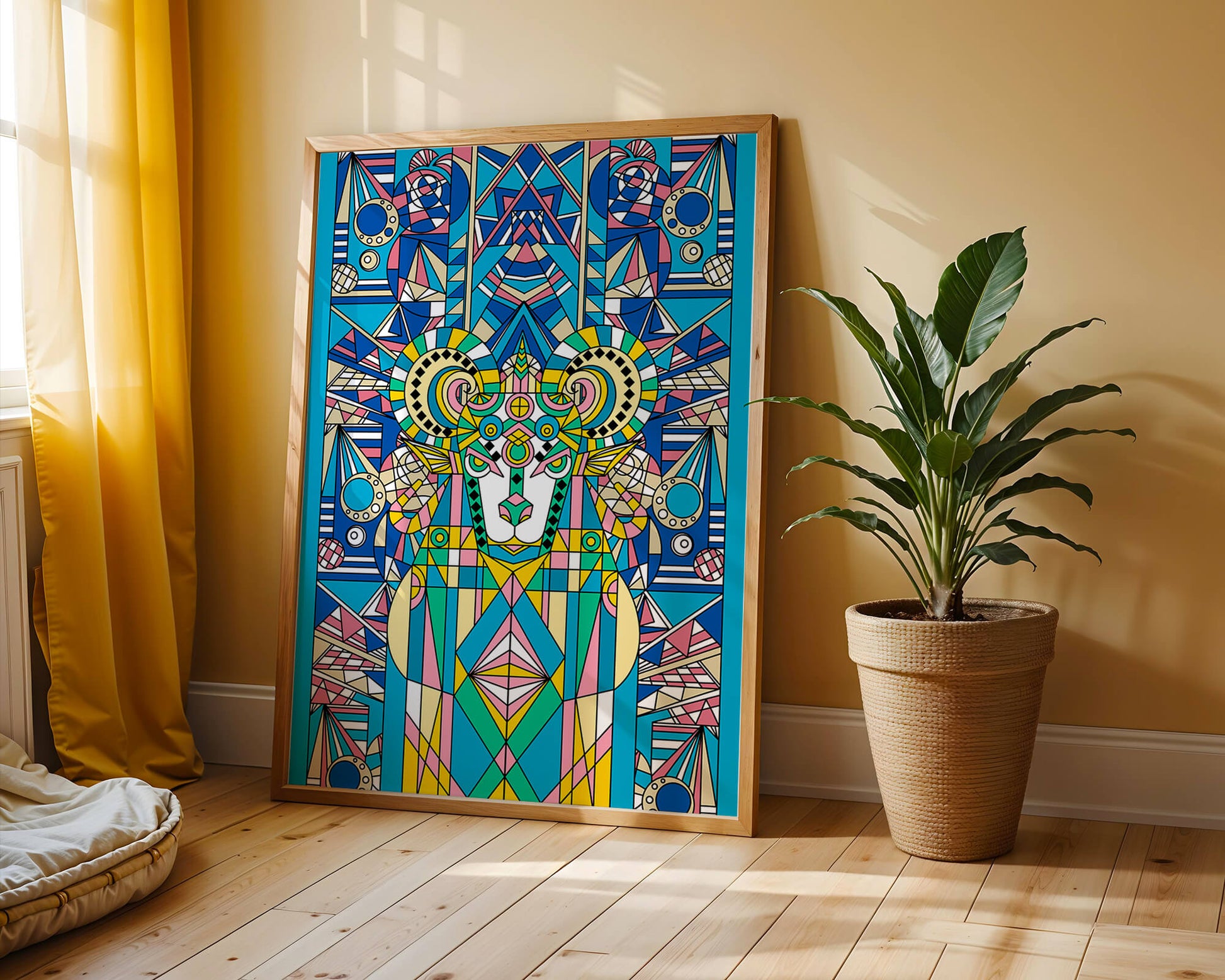 Diseño geométrico colorido de carnero con patrones simétricos