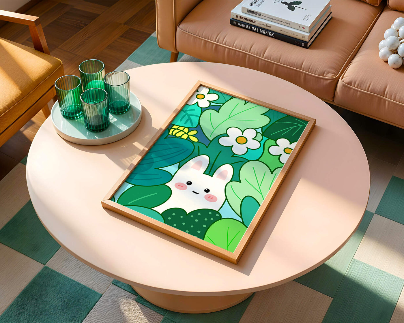 Illustration of a cute rabbit hidden among flowers and greenery
