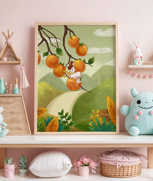 Femme assise sur un fruit orange dans un paysage surréaliste